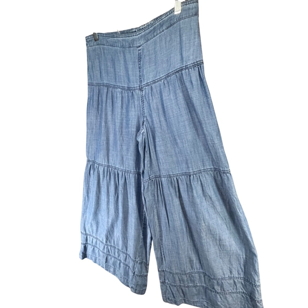 Anthropologie Current Air Chambray Tiered Wide Leg Pant M Blue Flowy Modern Boho - Picture 4 of 16